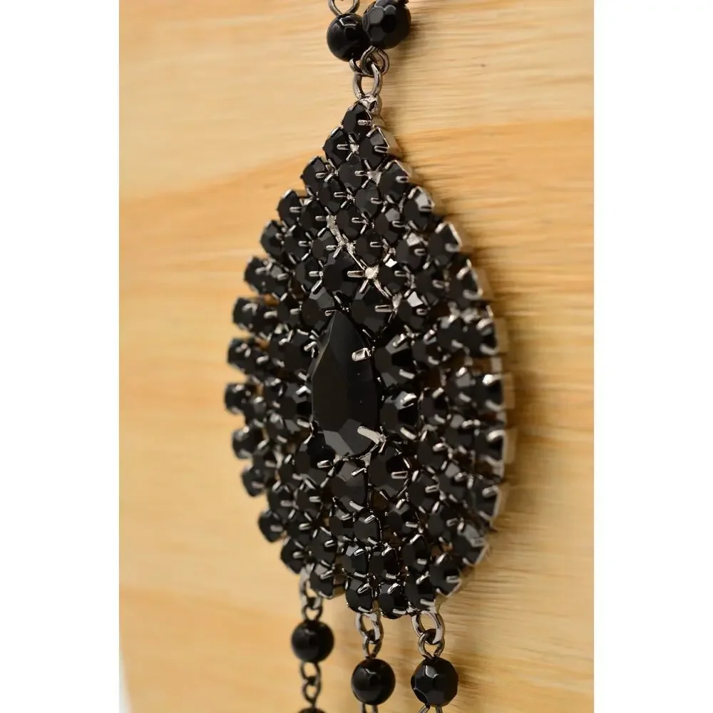 Coldwater Creek Vintage Black Rhinestone Teardrop Tassel Statement Necklace BinY